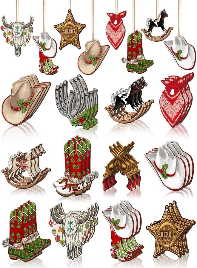 Memorywuu 36 Pcs Western Christmas Ornaments Cowboy Xmas Tree Decorations Cowboy Hat Boots Sheriff Badge Christmas Baubles Horse Cattle Wooden Cutouts for Tree Home Wreath Party Indoor Decor - Image 1